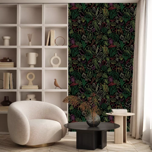 Tapete Grafisches buntes Gemüse auf schwarzem Hintergrund