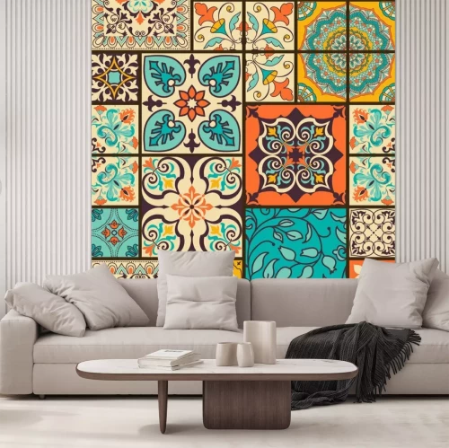 Sticker Seamless colorful patchwork tile with Islam, Arabic, Indian, ottoman motifs. Majolica pottery tile. Portuguese and Spain decor. Ceramic tile in talavera style. Vector illustration.
