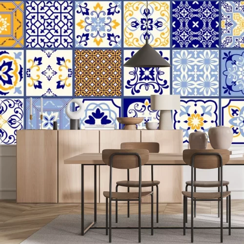 Sticker Collection of 18 ceramic tiles in turkish style. Seamless colorful patchwork from Azulejo tiles. Portuguese and Spain decor. Islam, Arabic, Indian, Ottoman motif. Vector Hand drawn background