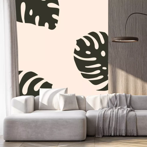 Sticker Abstract modern print with monstera leaves on orange background. Fashion minimal trendy art in paper cut mosaic flat style minimal poster print. Vector hand drawn illustration