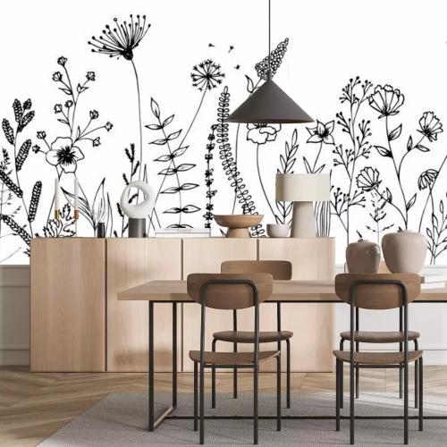 Sticker Schwarz-weiße Blumen auf einer Wiese