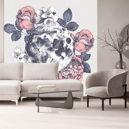 Sticker Hand drawn card with full moon and flowers