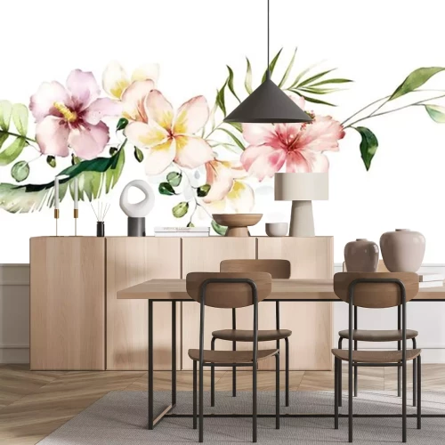 Sticker tropical watercolor herbal branch with leaves and flowers