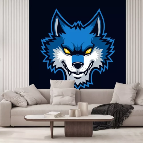 Sticker Blauer Wolf mit gelben Augen und weißen Fangzähnen