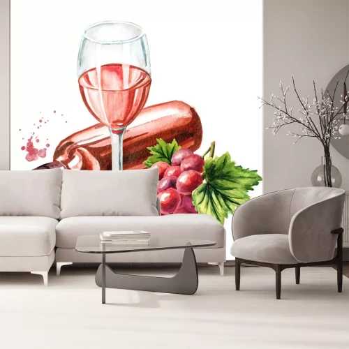 Sticker Wein und Weintrauben auf dem Tisch liegend