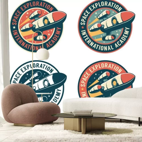 Sticker Space badge with flying rocket. Galaxy exploration retro emblem with spaceship. Vector vintage illustration.