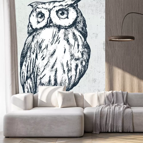 Sticker Owl on grunge background. Hand drawn vector illustration of owl in in technique. Good for t-shirts, posters, labels, stickers.