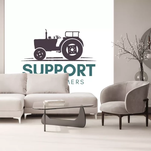 Sticker Support our farmer logo template. Farming badge with tractor. Stock vector badge