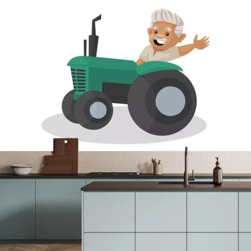 Sticker Vector graphic illustration. Farmer is driving a tractor and waving hand. Individually on a white background.