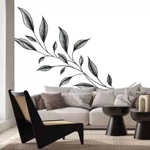 Sticker vintage leaf drawing isolated on white, ink  hand drawn botanical illustration of a plant branch, black floral sketch