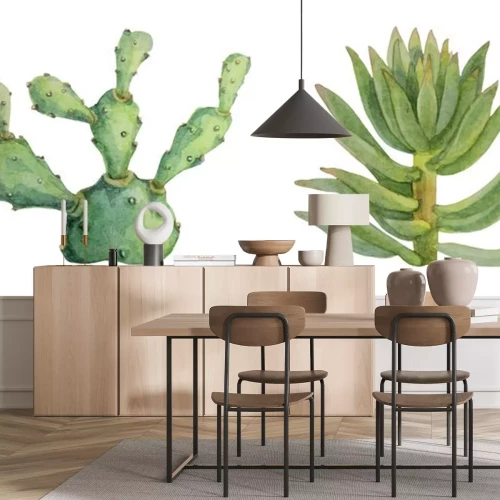 Sticker Set watercolor hand-drawn green succulent cotyledon and opuntia home plant isolated on white background. Art creative nature object for card, sticker, wallpaper, textile, wrapping, florist