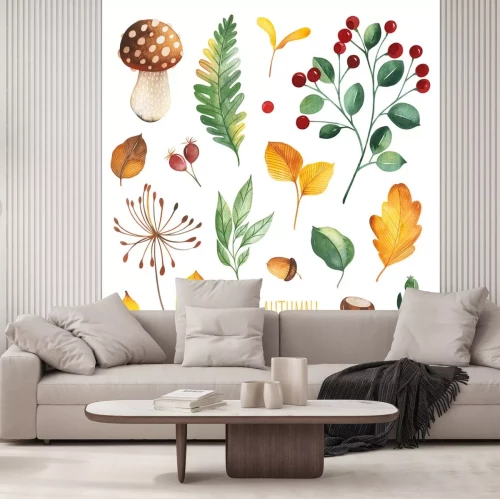 Sticker Watercolor Autumn set with leaves,mushrooms,berries,branches,oak leaf,nuts,acorns,flowers and more. Perfect for wallpapers,stickers,scrapbooking,invitations,print