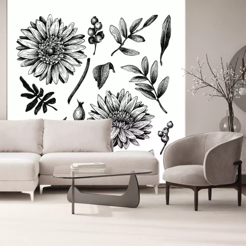 Sticker Chrysanthemums, berries and leaves. Graphic floral elements. Hand drawn ink and feather drawing.