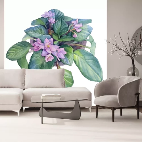 Sticker Watercolor violet flower in pot isolated on white background. Home plant indoor for interior. Art creative hand-drawn object for sticker, florist, poster, wallpaper, wrapping, postcard, notebook