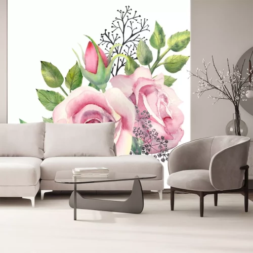 Sticker A bouquet of pink rose flowers, green leaves, red berries, decorative twigs on a white isolated background. Flower poster, invitation. Watercolor composition for decorating greeting cards or