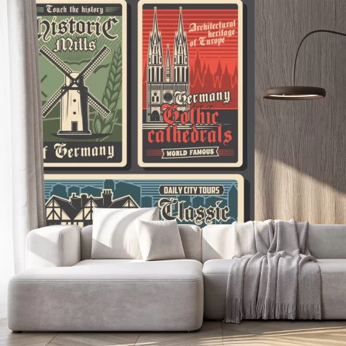 Sticker Germany travel retro posters, German landmarks and Berlin city buildings, culture and tourism, vector. German Gothic architecture, castles, cathedrals and historic mills, Europe travel destinations