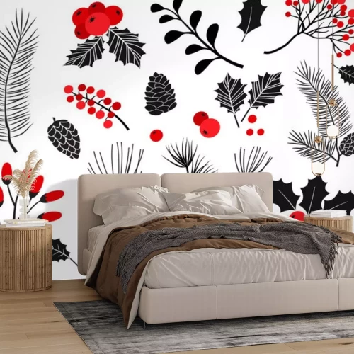 Sticker Christmas vector plants, holly berry, christmas tree, pine, rowan, leaves branches, holiday decoration, winter symbols isolated on white background. Red and black colors. Vintage nature illustration