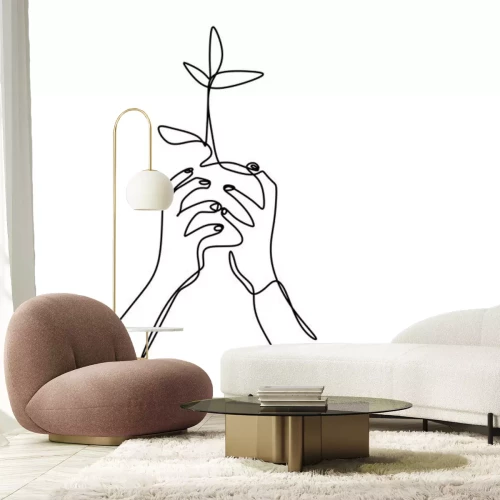 Sticker Hand holding plant's pot. Continuous one line drawing of back to nature theme. Growing plant in hand palm. Concept of growing and love earth hand drawn vector design illustration.