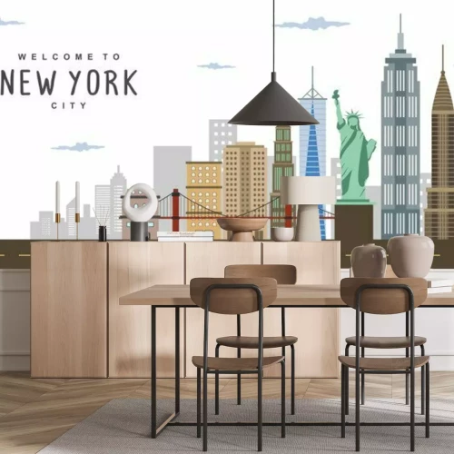 Sticker New York City panorama landscape scene with Brooklyn Bridge, The Statue of Liberty and wide angle view of the Lower Manhattan. Beautiful view of metropolitan. Landmarks of New York City, USA