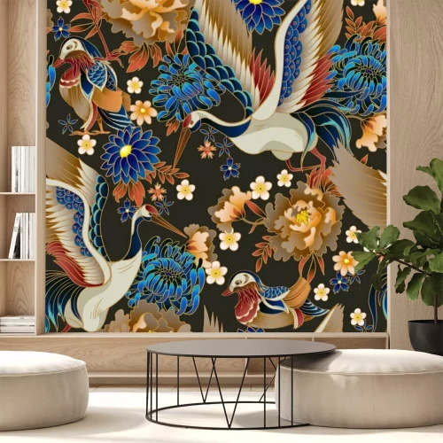 Sticker Seamless pattern with mandarin ducks, flowers and cranes. Vector.