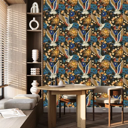 Tapete Seamless pattern with mandarin ducks, flowers and cranes. Vector.