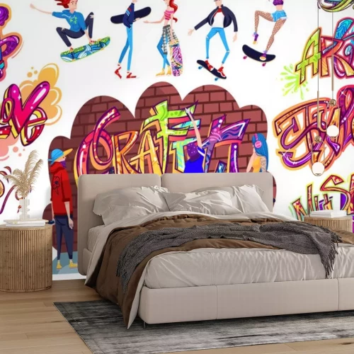 Sticker Graffiti street art culture, young people cartoon characters paint on brick wall, vector illustration. Teenagers skating, boys and girls urban lifestyle. Isolated graffiti lettering, set of stickers