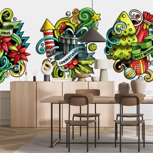 Sticker New Year cartoon vector doodle designs set