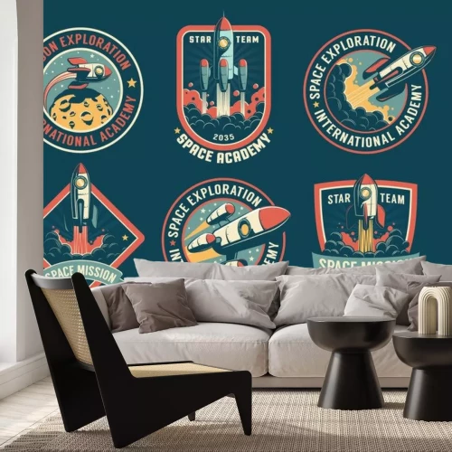 Sticker Space vintage badges, emblems and labels set. Rocket retro logos pack. Vector illustartion.