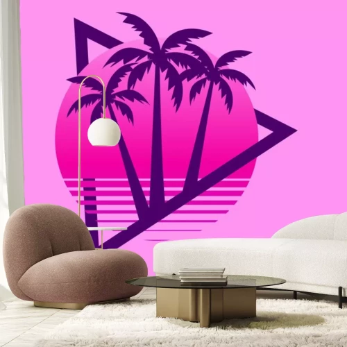 Sticker 80s retro sci-fi palm trees on a sunset. Retro futuristic sun with palm trees. Summer time. Synthwave and retrowave style. Vector illustration