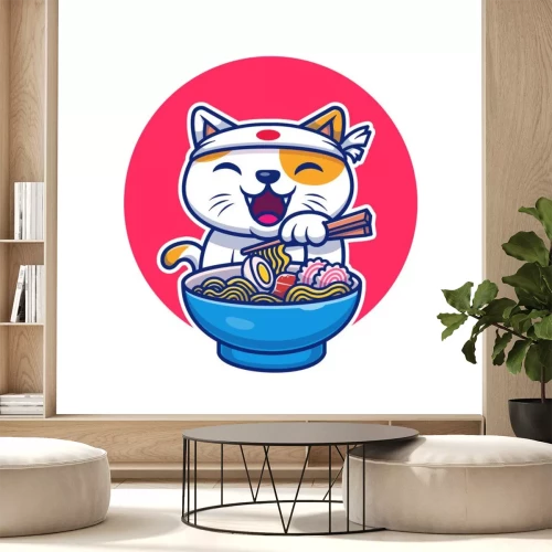 Sticker Cat Eating Ramen Noodle Vector Icon Illustration. Cat Logo Mascot Cartoon Character. Animal Icon Concept White Isolated. Flat Cartoon Style Suitable for Web Landing Page, Banner, Flyer, Sticker, Card