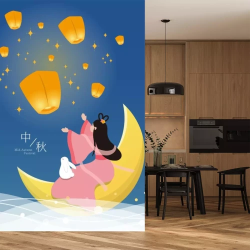 Sticker On Mid-Autumn Festival, Chang'e and cute rabbits sit on the moon and put sky lanterns. Subtitle translation: Mid-Autumn Festival
