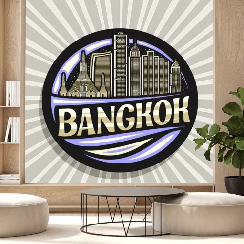 Sticker Vector logo for Bangkok, black decorative badge with outline illustration of famous bangkok city scape on evening sky background, art design tourist fridge magnet with unique letters for word bangkok.