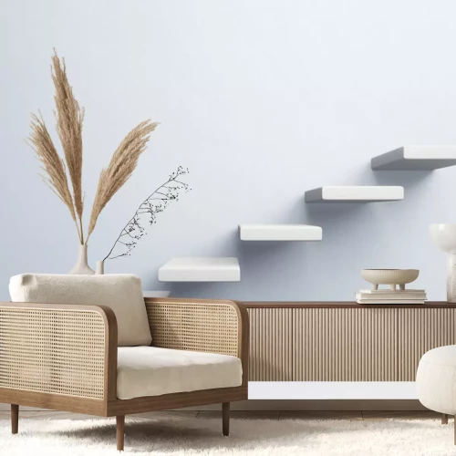 Sticker White stair step to growth success, 3d render, progress way and forward achievement creative concept