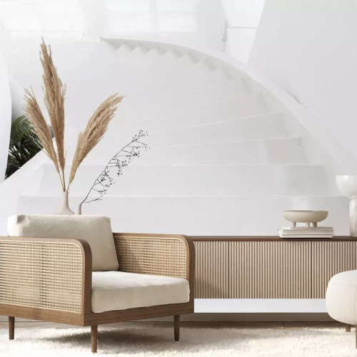 Sticker high angle view of white indoor cement stone staircase without railing in minimal building