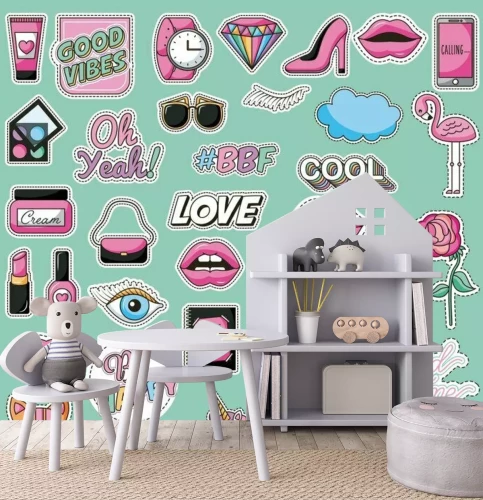 Sticker Bunte rosa Grafiken auf türkisfarbenem Hintergrund