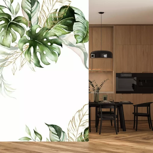 Sticker Watercolor tropical floral border - green, blush & gold leaves. For wedding stationary, greetings, wallpapers, fashion, background.