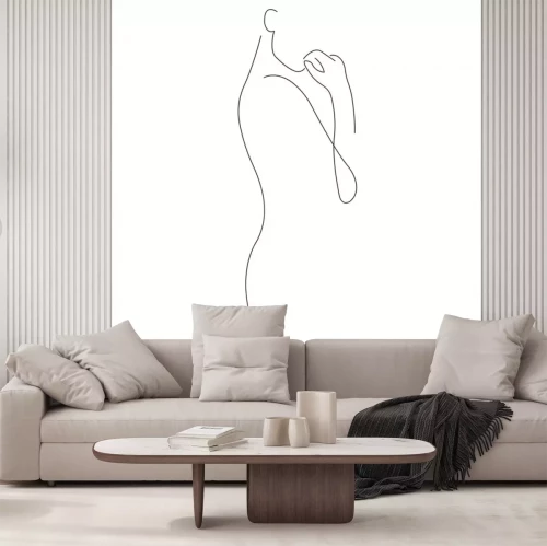 Sticker Silhouette of a girl mysteriously looking forward. Minimalism style. Design is suitable for the use of modern decor, paintings, cosmetics, packaging, tattoos, printing on a t-shirt. Isolated vector