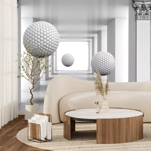 Sticker 3d-Kugeln in einem dekorativen grauen Korridor