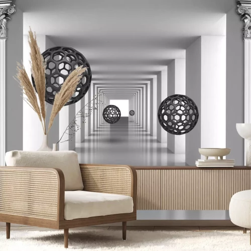 Sticker 3d durchbrochene Kugeln in einem langen Korridor