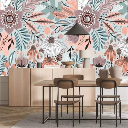 Fototapete Blumenmuster auf weißem Hintergrund im skandinavischen Stil