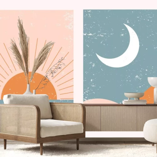 Sticker Abstract contemporary aesthetic background landscape set with Sun, Moon, sea, mountains. Earth tones, pastel colors. Boho wall decor. Mid century modern minimalist art print. Flat abstract design.
