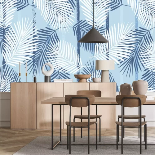 Fototapete Palmblätter auf blauem Grund