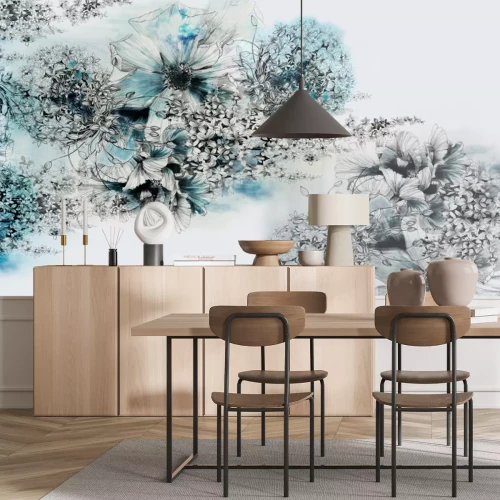 Fototapete Ein elegantes Thema mit Blumen und blauer Farbe