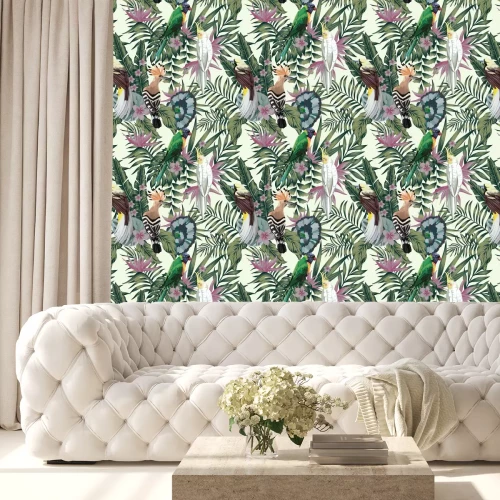 Tapete Tropical birds plants leaves flowers abstract color seamless background