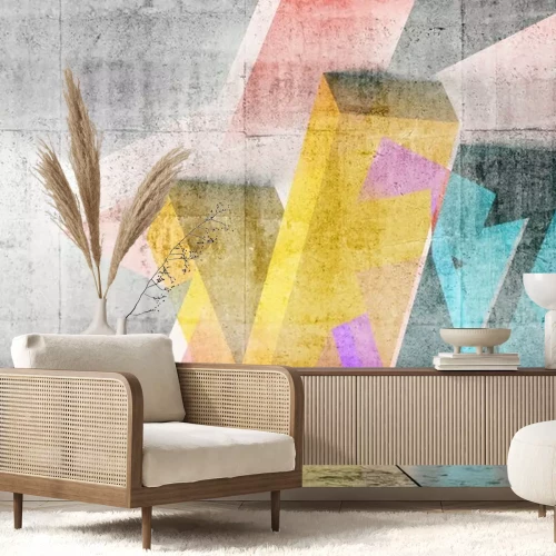 Fototapete Empty room with colorful geometric graffiti, 3d