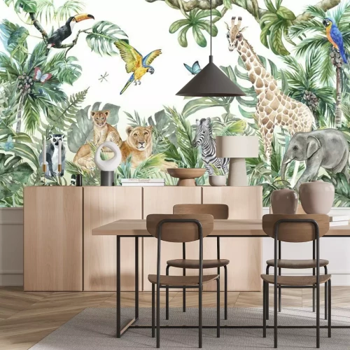 Fototapete Children's wallpaper, watercolor jungle and animals. Lions, giraffe, elephant, parrots, zebra, lemur