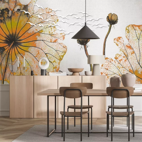 Fototapete Abstrakte Mohnblumen und Silhouetten weißer Vögel