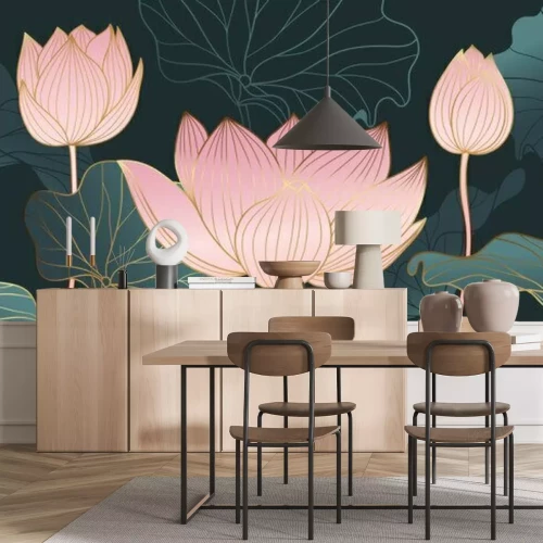 Fototapete Luxurious background design with golden lotus. Lotus flowers line arts design for wallpaper, natural wall arts, banner, prints, invitation and packaging design. vector illustration.