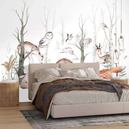 Fototapete Waldtiere in einer Aquarell-Waldlandschaft