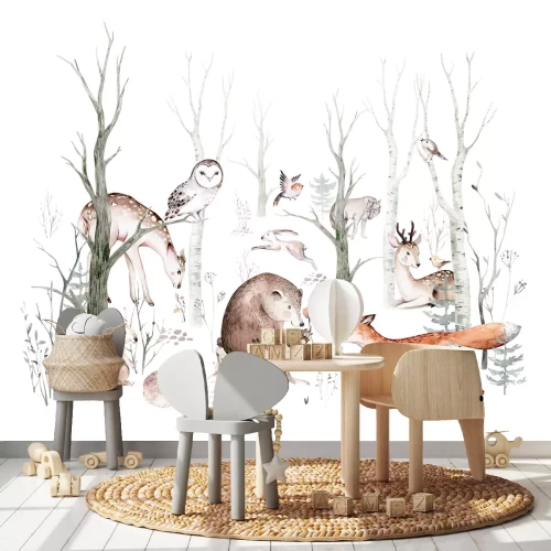 Fototapete Waldtiere in einer Aquarell-Waldlandschaft